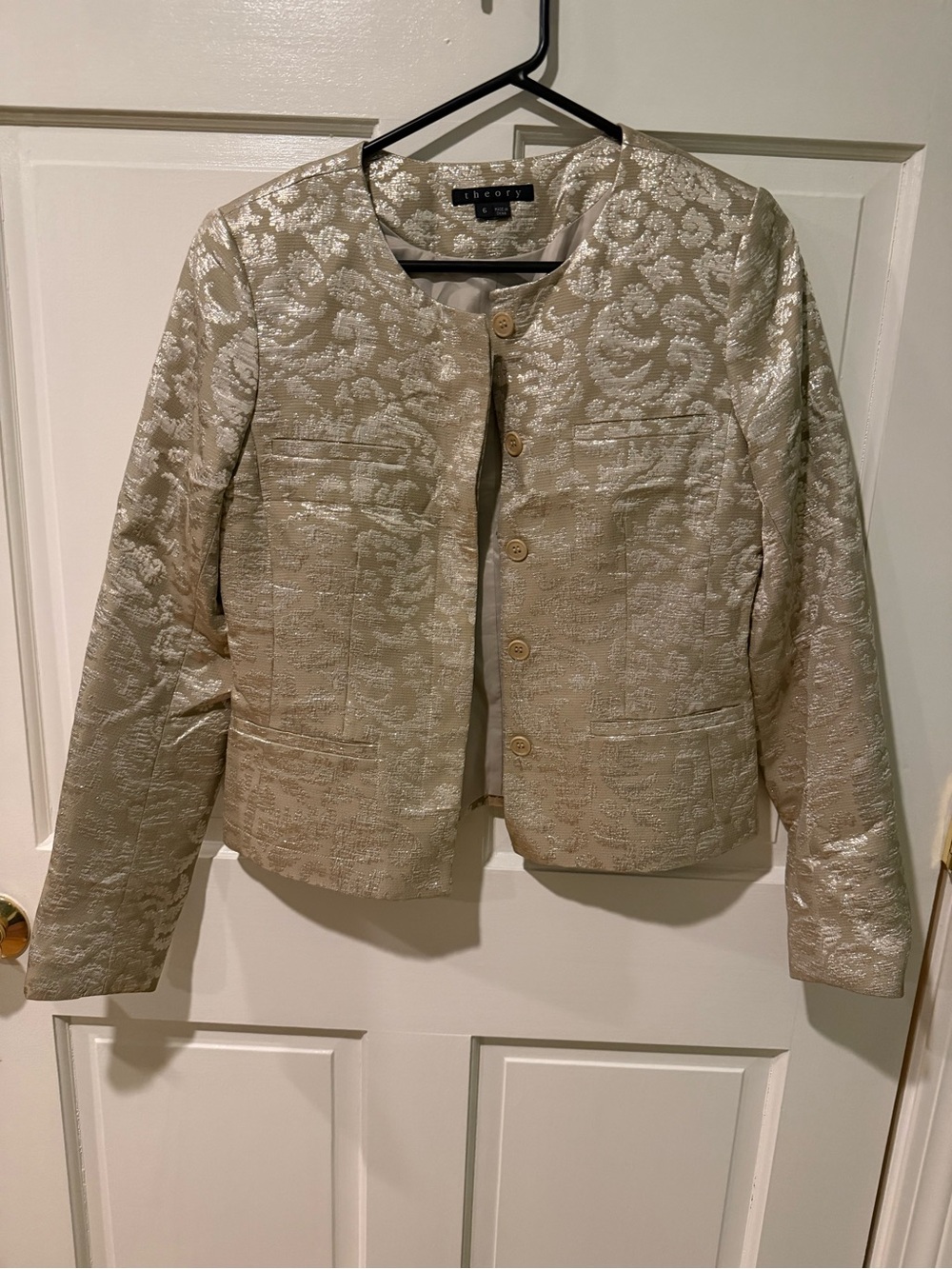 Theory Vintee Jacquard Collarless Blazer in Metallic Gold